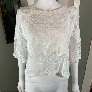 Embroidered floral geometric sheer White Lace Blouse crop top shirt medium mesh